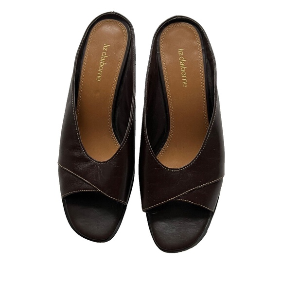 Liz Claiborne Shoes Slip on Mules Size 8 Brown Leather Block Heels Peep Toe - Picture 2 of 9